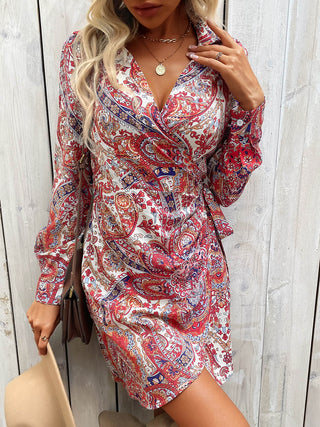 Perfee Tied Printed Long Sleeve Mini Dress Trendsi