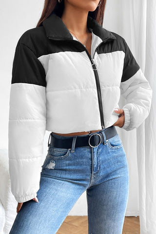 Collared Neck Color Block Puffer Jacket Trendsi