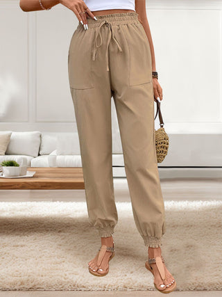 Tied Elastic Waist Pants with Pockets Divacious