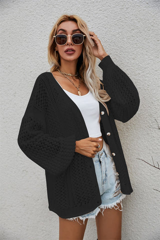 Openwork V-Neck Button Up Cardigan Divacious