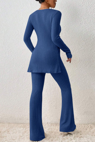 Ribbed Long Sleeve Slit Top and Bootcut Pants Set Trendsi