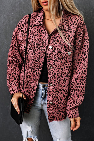 Leopard Raw Hem Button Up Denim Jacket Divacious