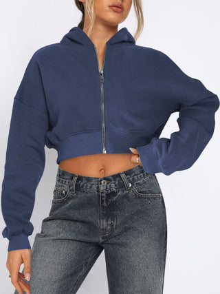 Zip Up Long Sleeve Hooded Cropped Jacket Trendsi