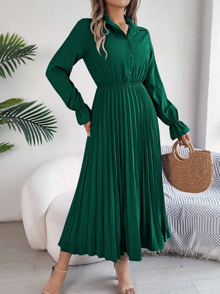 Pleated Half Button Long Sleeve Midi Dress Trendsi