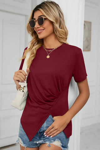 Ruched Round Neck Short Sleeve T-Shirt Divacious