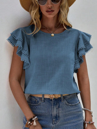 Ruffled Cap Sleeve Round Neck Blouse Divacious