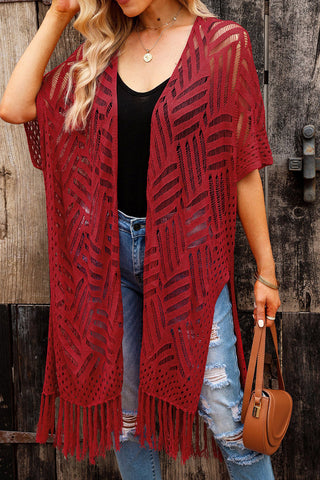 Openwork Open Front Cardigan with Fringes Divacious