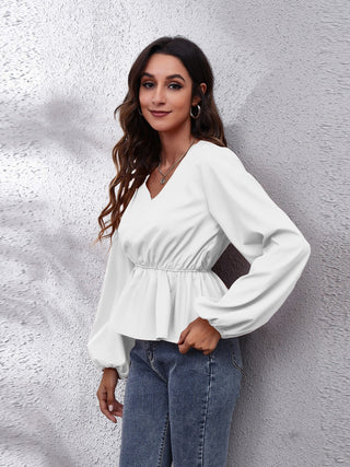 V-Neck Balloon Sleeve Peplum Blouse Divacious