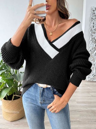 Contrast Dropped Shoulder Long Sleeve Sweater Divacious