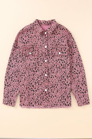 Leopard Raw Hem Button Up Denim Jacket Divacious