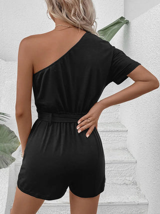 Single Shoulder Tie Waist Romper Divacious