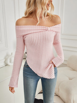 Ribbed Asymmetrical Hem Off-Shoulder Long Sleeve T-Shirt - Divacious