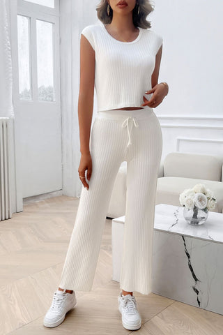 Ribbed Round Neck Top and Pants Set - Divacious