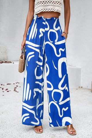 Smocked Printed Wide Leg Pants with Pockets Divacious