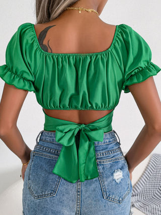 Square Neck Crisscross Flounce Sleeve Cropped Top Divacious