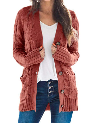 Cable-Knit Buttoned Cardigan with Pockets Divacious