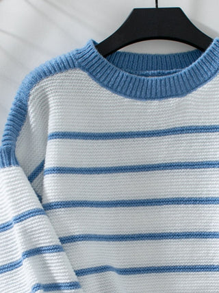 Striped Round Neck Long Sleeve Sweater Divacious