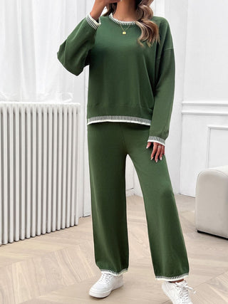 Devine Round Neck Dropped Shoulder Top and Pants Sweater Set Trendsi