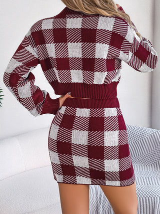 Plaid Round Neck Top and Skirt Sweater Set Trendsi