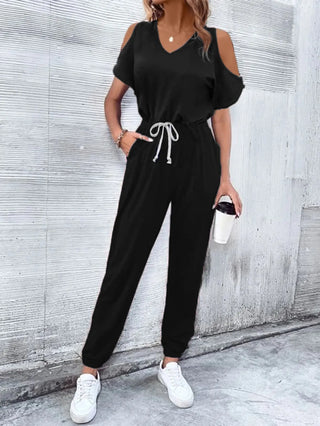 V-Neck Cold-Shoulder Jumpsuit with Pockets Divacious