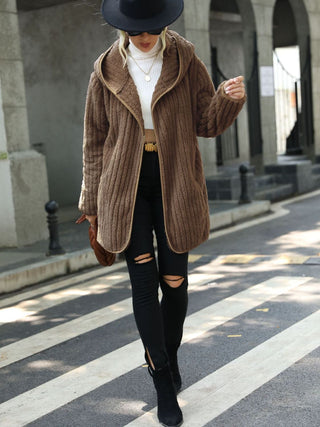 Open Front Ribbed Hooded Coat Divacious