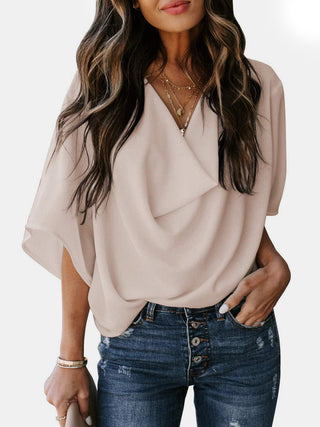 Full Size Cowl Neck Three-Quarter Sleeve Blouse Divacious