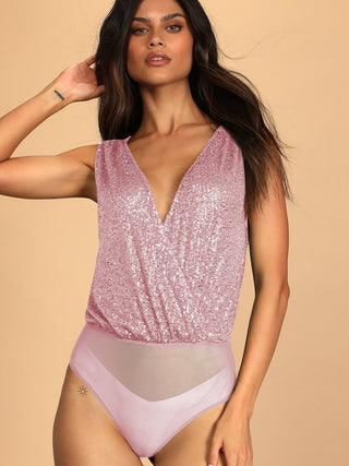 Sequin Surplice Sleeveless Bodysuit Divacious