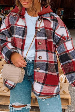 Plus Size Plaid Button Up Hooded Jacket Divacious