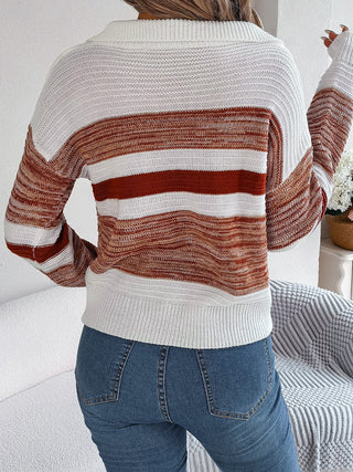 Striped Collared Neck Long Sleeve Sweater Divacious