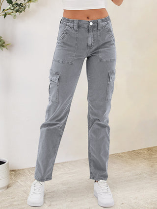 Buttoned Straight Jeans with Cargo Pockets Divacious