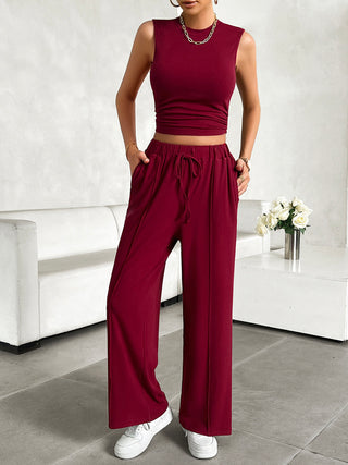 Devine Mock Neck Sleeveless Top and Drawstring Pants Set Trendsi