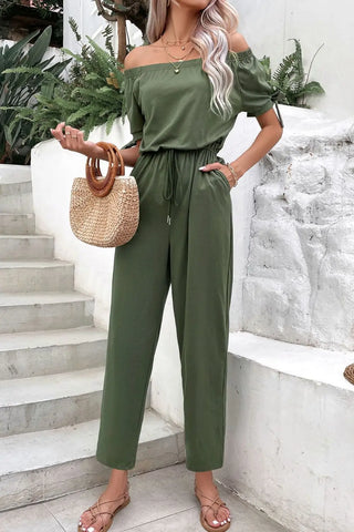 Off-Shoulder Tie Cuff Jumpsuit with Pockets Divacious