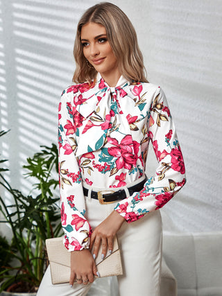 Printed Tie Neck Long Sleeve Blouse Divacious