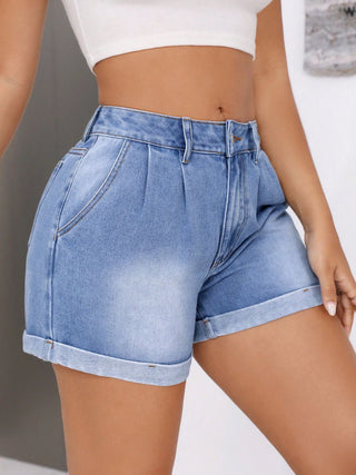 Rolled Hem Mid-Rise Waist Denim Shorts Divacious