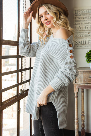 Buttoned Boat Neck Slit Sweater Divacious