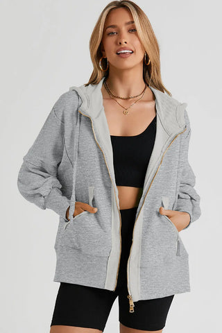 Zip Up Long Sleeve Drawstring Hoodie Divacious