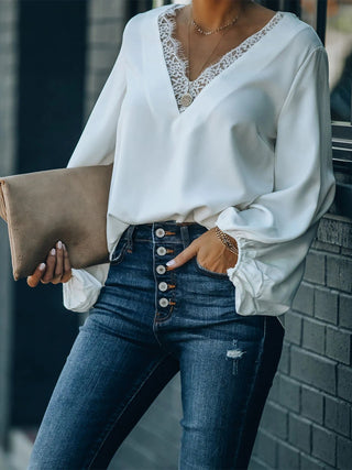 Lace Detail V-Neck Long Sleeve Blouse Divacious